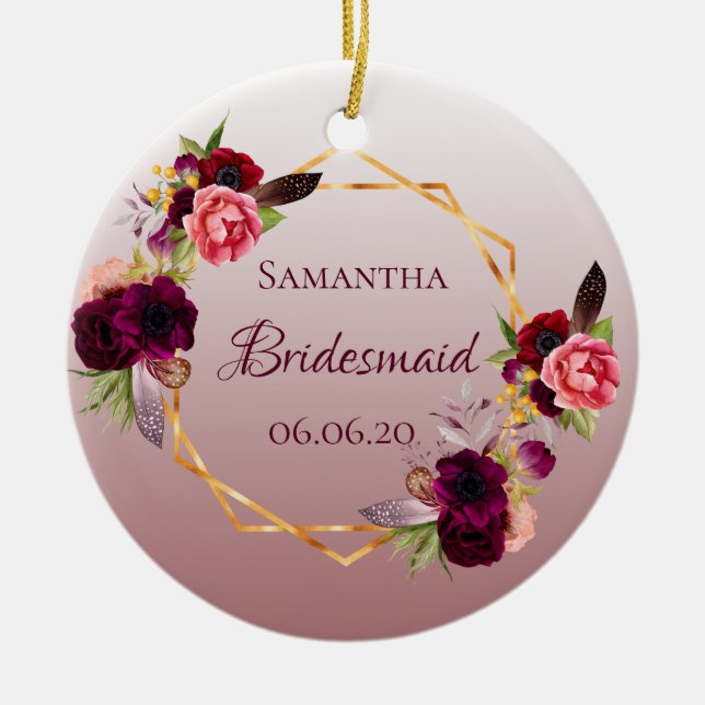 Bridesmaid cinnamon ro blommigt burgundy julgransprydnad keramik (Framsidan)