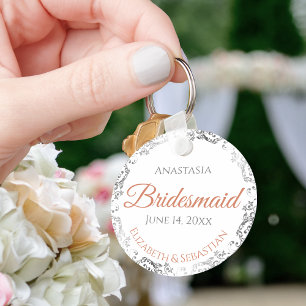 Bridesmaid Coral & Silver Snöre White Bröllop Gift Nyckelring