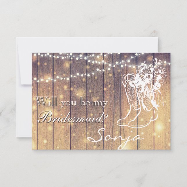 Bridesmaid - Cowboystövlar, Wood with Ljus Inbjudningar (Framsida)