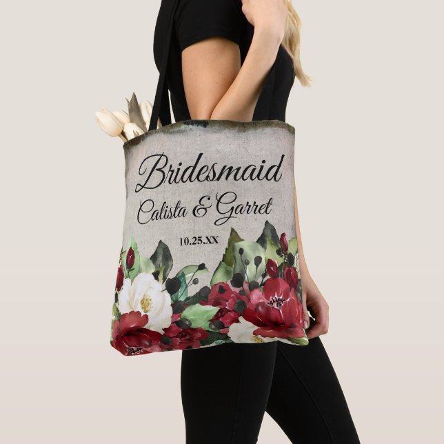 Bridesmaid | Elegant Mörk Red Blommigt Goth Bröllo Tygkasse (Närbild)