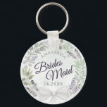 Bridesmaid Eucalyptus & Lavender Wandan Bröllop Nyckelring<br><div class="desc">De här nyckelkedjorna är designade för ge som favoriter för brudar i bröllopsfesten. De har en rustisk handmålad vattenfärgskonstruktion med en krans av eukalyptus löv och lavenderblommor i nyanser av lila, mynta, moss och sage grönt. Texten är skriven i elegant brev, och det finns utrymme för hennes namn och bröllop....</div>