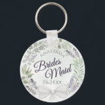 Bridesmaid Eucalyptus & Lavender Wandan Bröllop Nyckelring<br><div class="desc">De här nyckelkedjorna är designade för ge som favoriter för brudar i bröllopsfesten. De har en rustisk handmålad vattenfärgskonstruktion med en krans av eukalyptus löv och lavenderblommor i nyanser av lila, mynta, moss och sage grönt. Texten är skriven i elegant brev, och det finns utrymme för hennes namn och bröllop....</div>