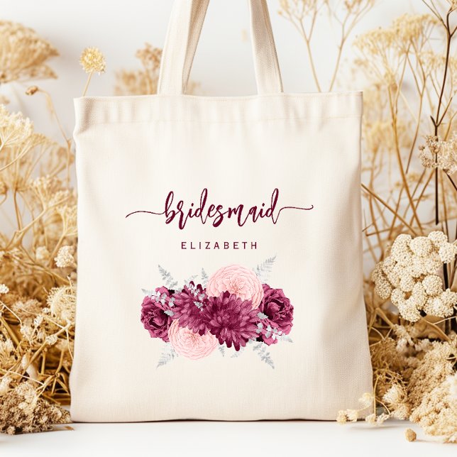 Bridesmaid Floral Burgundy Blush Script Tygkasse (Skapare uppladdad)
