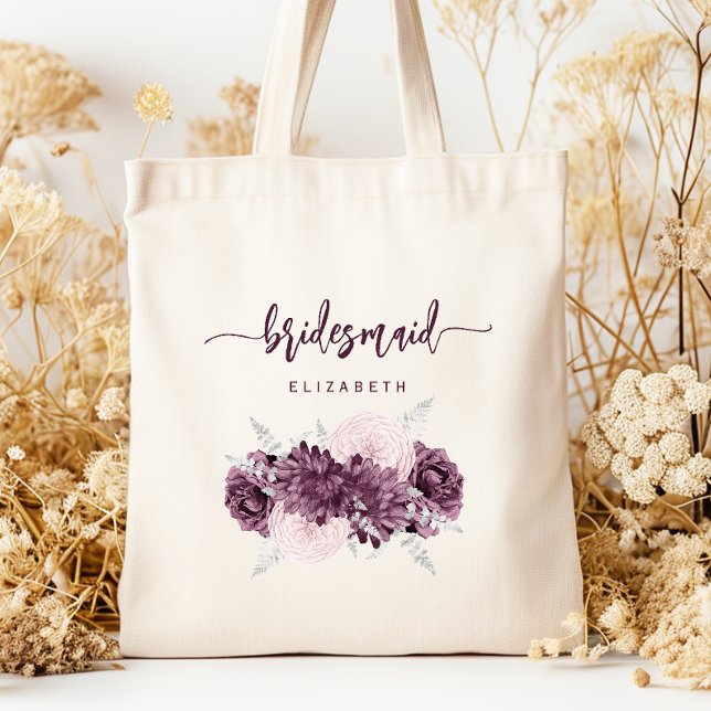 Bridesmaid Floral Mauve Purple Blush Script Tygkasse (Skapare uppladdad)