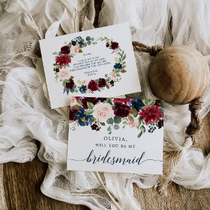 Bridesmaid-Frieri kort för Burgundy Navy Blommigt 