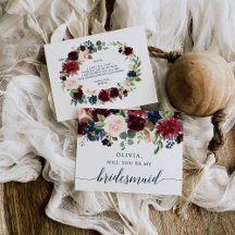 Bridesmaid-Frieri kort för Burgundy Navy Blommigt