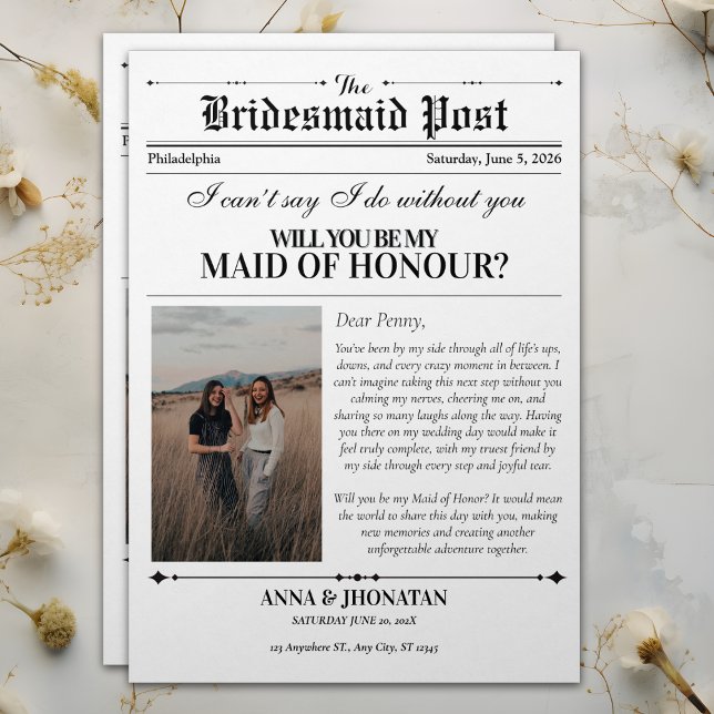 Bridesmaid Frieri Newspaper Photo Retro Inbjudningar (Bridesmaid Proposal Newspaper Photo Retro Invitation)