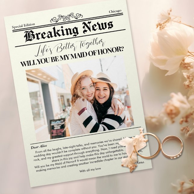 Bridesmaid Frieri nyhetsblad Cover 1 Photo Inbjudningar (Bridesmaid Proposal Newspaper Cover 1 Photo Invitation)