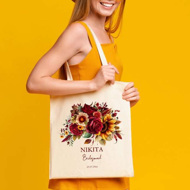 Bridesmaid-gåvor, solblommor av burgundisk ro tygkasse (Bridesmaid gifts burgundy roses sunflowers personalized tote bag)