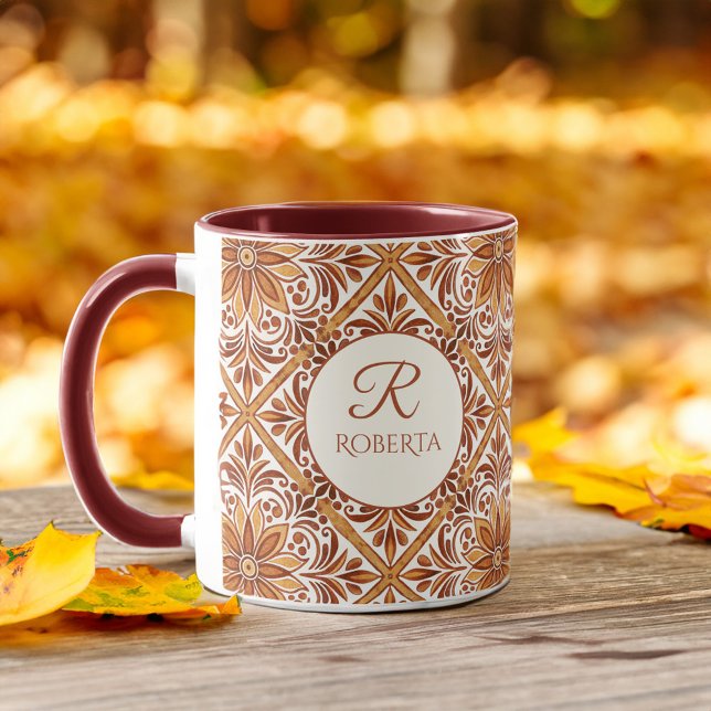 Bridesmaid-gåvor Terracotta Talavera monogram Mugg (Bridesmaid gifts Terracotta Talavera monogrammed coffee  Mug personalized name mug bridal favors)