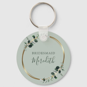 Bridesmaid Gift Eucalyptus Guld Monogram Sage Nyckelring