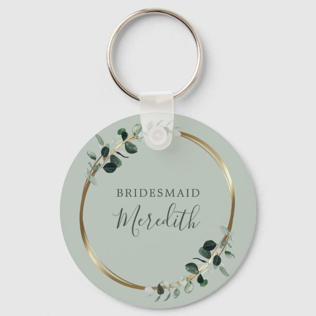 Bridesmaid Gift Eucalyptus Guld Monogram Sage Nyckelring (Framsida)