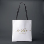Bridesmaid Gift Guld Namn Tygkasse<br><div class="desc">Den här Bridesmaid-konfektionen och tillbehöret har en handskriven guld-skripttypografi med dekorationer på midnatt eller vit bakgrund. Presentera dina brudtärnor med en toalettpåse för deras makeup och små föremål som traditionellt presenteras vid repetitionsmiddagen,  för använda på morgonen tidigt före bröllop.</div>