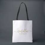 Bridesmaid Gift Guld Namn Tygkasse<br><div class="desc">Den här Bridesmaid-konfektionen och tillbehöret har en handskriven guld-skripttypografi med dekorationer på midnatt eller vit bakgrund. Presentera dina brudtärnor med en toalettpåse för deras makeup och små föremål som traditionellt presenteras vid repetitionsmiddagen,  för använda på morgonen tidigt före bröllop.</div>