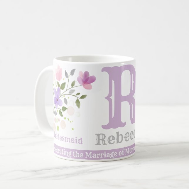 Bridesmaid Gift med Namn & Initial. Blommigtens ut Kaffemugg (Framsida vänster)