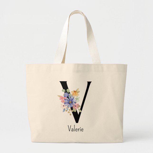 Bridesmaid Gift Vild Flower Alphabet V Tote Bag Jumbo Tygkasse (Framsidan)
