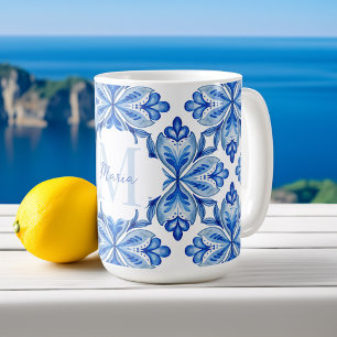 Bridesmaid gips italiensk Blue tiles monogram Kaffemugg