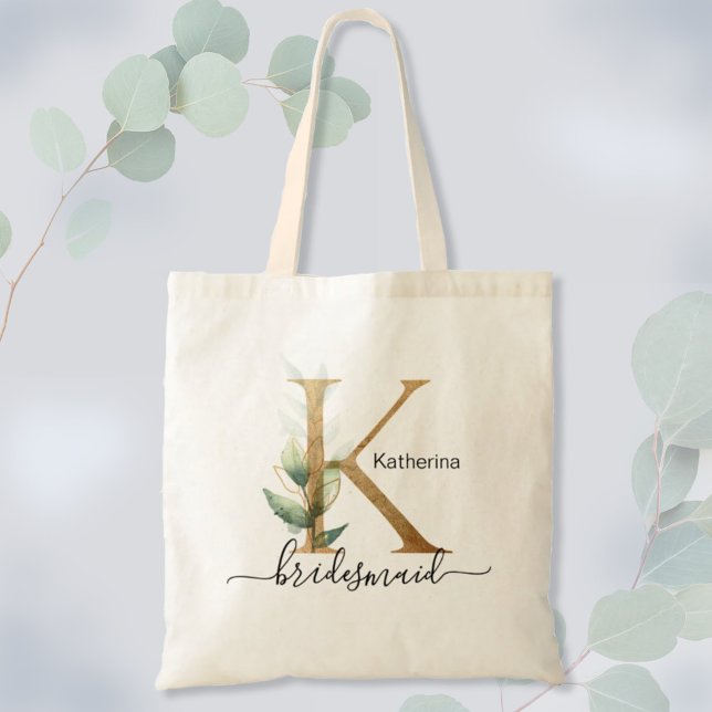 Bridesmaid Guld Löv Greenery Foliage Monogram ’K’ Tygkasse (Skapare uppladdad)