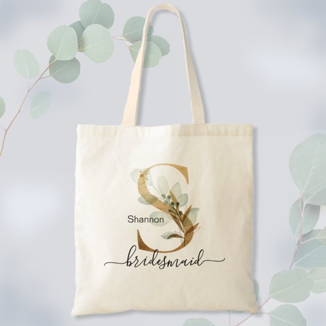 Bridesmaid Guld Löv Greenery Foliage Monogram ’S’ Tygkasse (Skapare uppladdad)