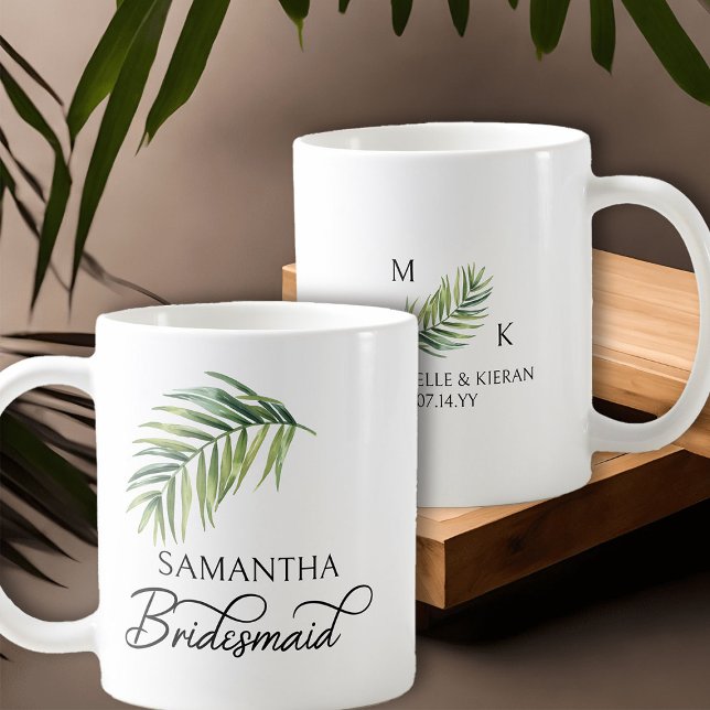 Bridesmaid Handflatan Löv Brudens sida Personlig Kaffemugg (Bridesmaid coffee mug with tropical palm leaf and calligraphy)