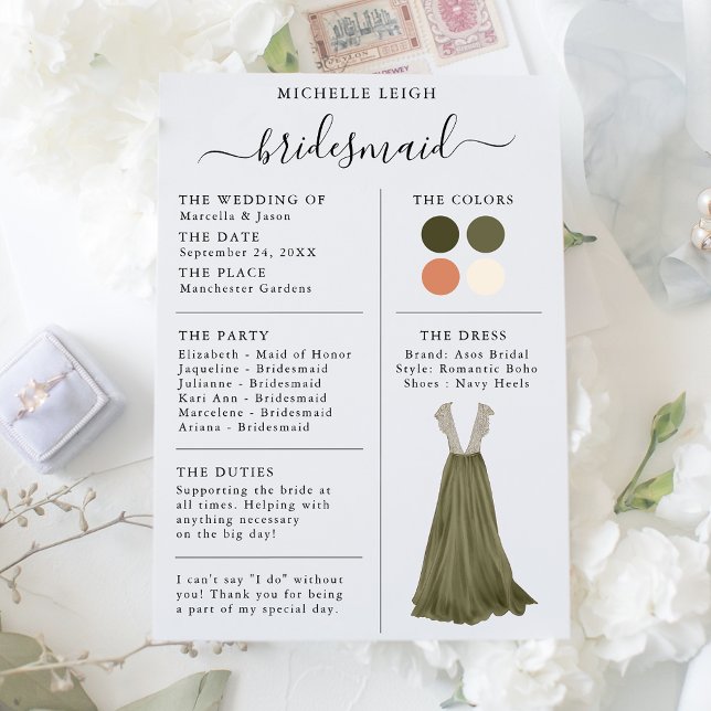 Bridesmaid Info Card Details Olive, Clay Inbjudningar (Skapare uppladdad)
