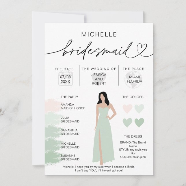 Bridesmaid Info Sage Färg Palette Infogragrafik In Inbjudningar (Framsida)
