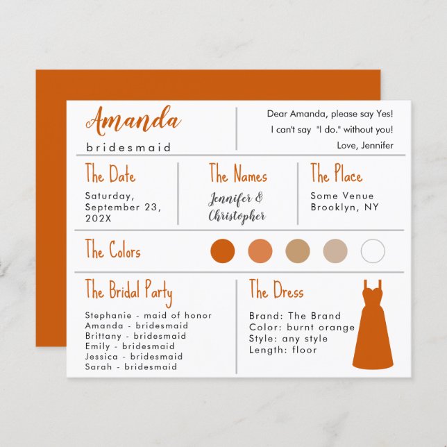 Bridesmaid Information Card - Bränd Orange-påkänni (Fram/baksida)