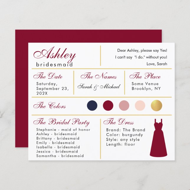 Bridesmaid Information Card Burgundy Guld Färg (Fram/baksida)