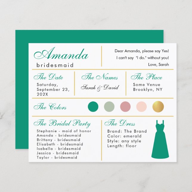 Bridesmaid Information Card Emerald Grönt Guld (Fram/baksida)