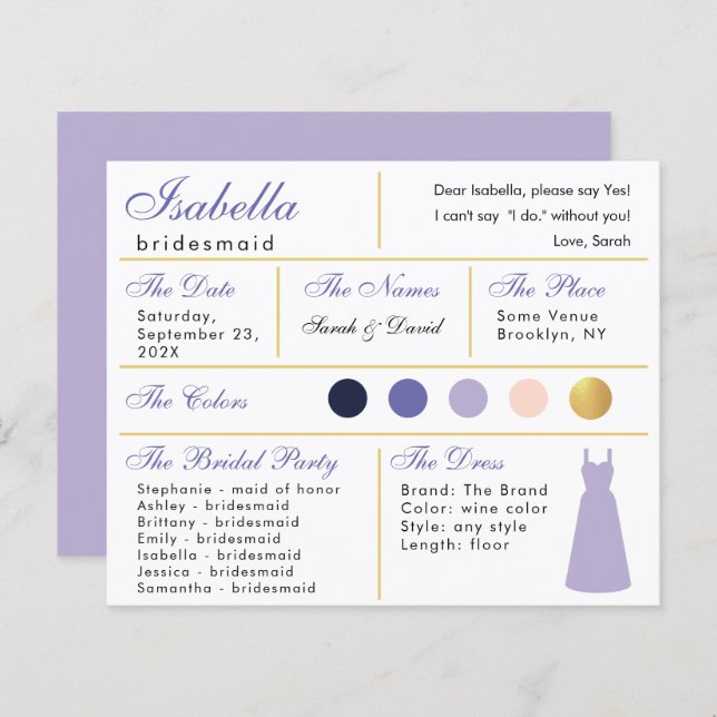 Bridesmaid Information Card Lavender Lila Guld (Fram/baksida)