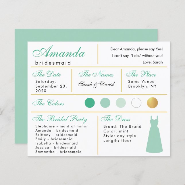 Bridesmaid Information Card Mint Grönt Faux Guld (Fram/baksida)