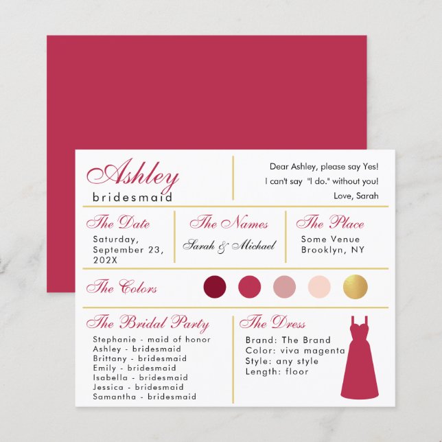 Bridesmaid Information Card Modern Magenta Guld (Fram/baksida)