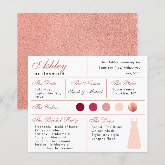 Bridesmaid Information Card Ro Guld  Rosa (Fram/baksida)