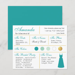 Bridesmaid Information Card Teal Faux Guld Färg