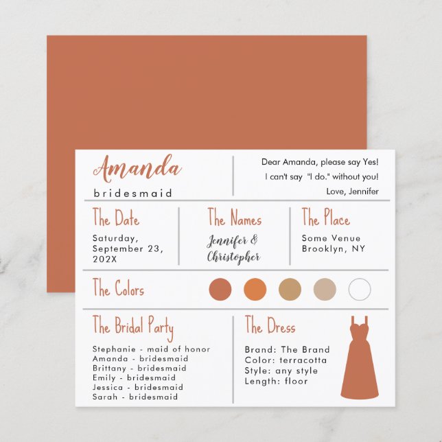 Bridesmaid Information Card - Terracotta Neutralts (Fram/baksida)
