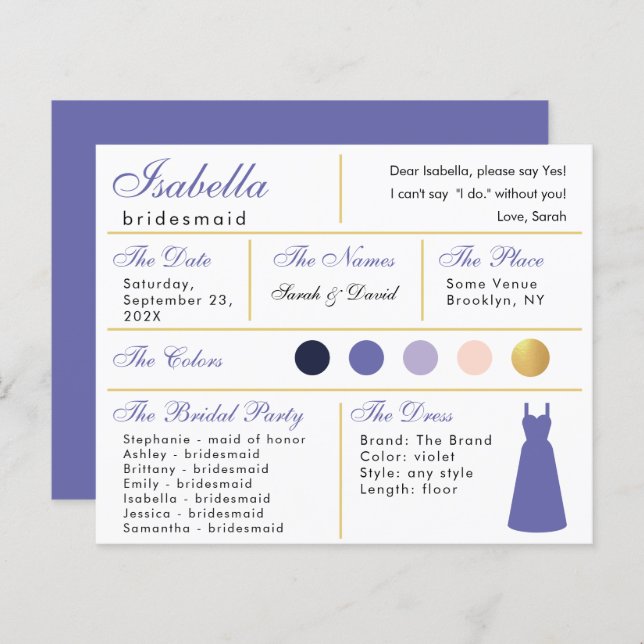Bridesmaid Information Card Violet Lila Guld (Fram/baksida)