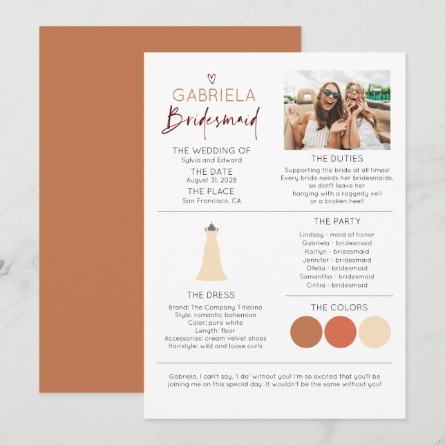 Bridesmaid Information Frieri fotomall (Fram/baksida)