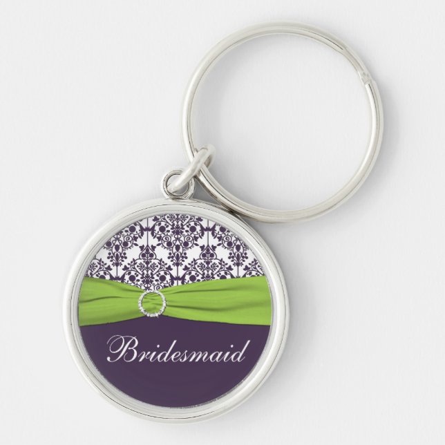 Bridesmaid Keychain för lila och Grönt Rund Silverfärgad Nyckelring (Framsidan)
