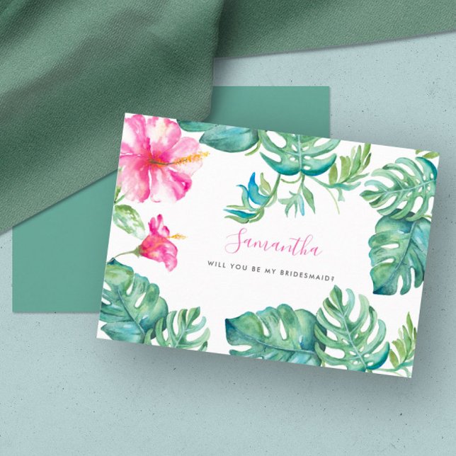 Bridesmaid-kort för tropisk Blommigt med vattenfär Julkort (floral bridesmaid cards tropical pink flowers palm leaves destination wedding Victoria Grigaliunas)