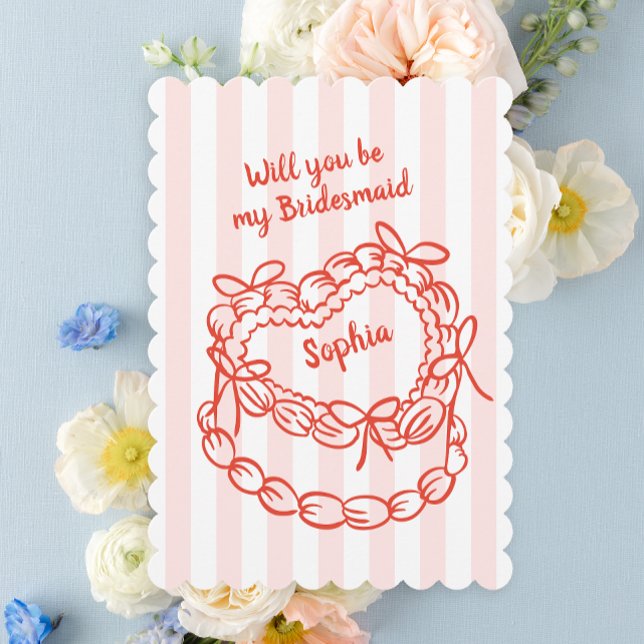 Bridesmaid-kort för vismisk kummel (Whimsical cake bridesmaid card with scallop edge)