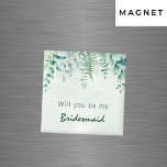Bridesmaid maid of honor eucalyptus greenery magnet<br><div class="desc">En grönt,  vit vattenfärgad bakgrund. Dekorerad med eukalyptus grey foliage och träörn. Med texten: Kommer ni att bli min Bridesmaid eller Maid of honor?</div>