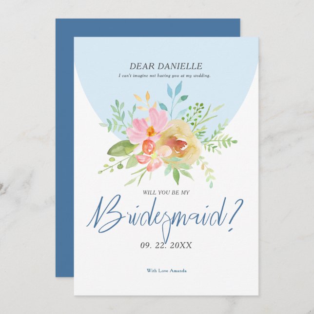 Bridesmaid Modern typografi Fintvätt av blommor Inbjudningar (Fram/baksida)