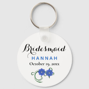 Bridesmaid Modern Typography Blåa blommor Bröllop Nyckelring