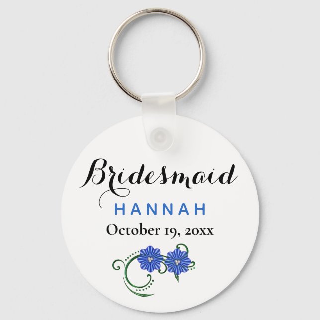 Bridesmaid Modern Typography Blåa blommor Bröllop Nyckelring (Framsida)