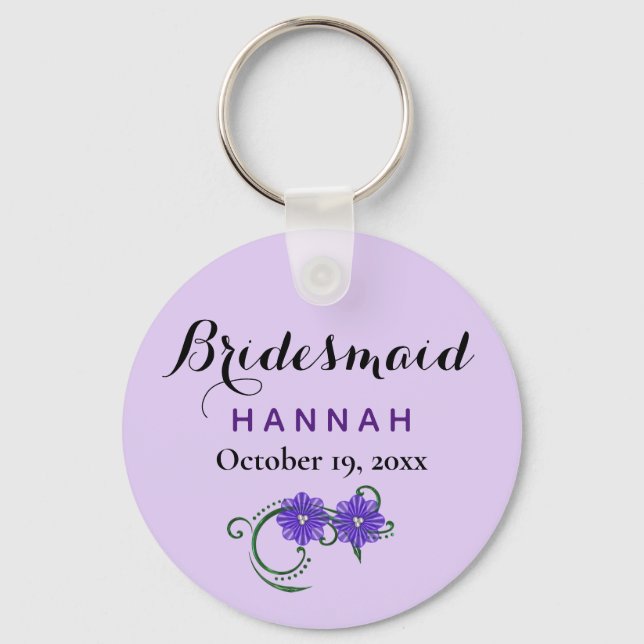 Bridesmaid Modern Typography Lila Blommigt Bröllop Nyckelring (Framsida)