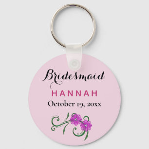 Bridesmaid Modern Typography Rosa Flowers Bröllop Nyckelring