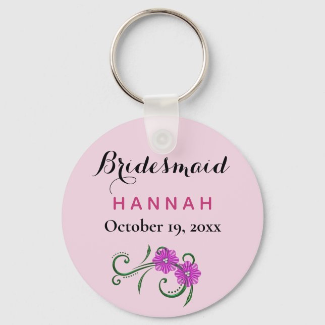 Bridesmaid Modern Typography Rosa Flowers Bröllop Nyckelring (Framsida)