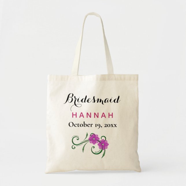 Bridesmaid Modern Typography Rosa Flowers Bröllop Tygkasse (Framsidan)
