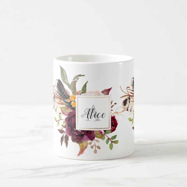 Bridesmaid Monogram Watercolor Flowers Marsala Kaffemugg (Center)