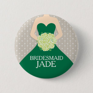 Bridesmaid mörk grönt dress vid namn bröllop pin knapp